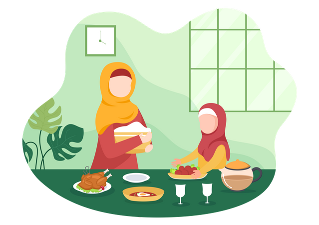 Islamic mother and girl eating Illustration