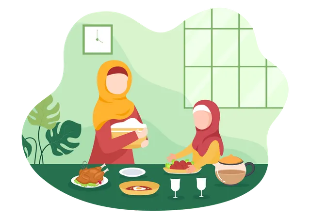 Islamic mother and girl eating  Illustration