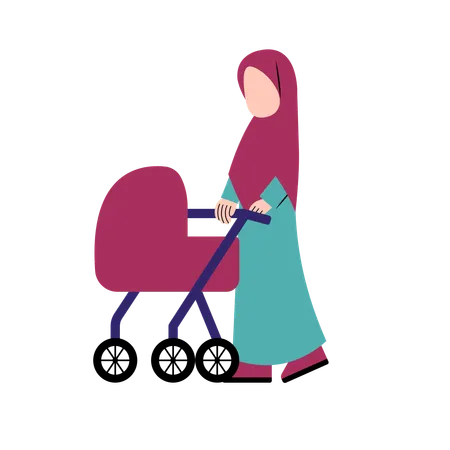 Islamic Mother With Baby Stroller  Illustration