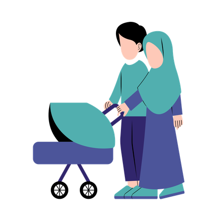 Islamic Parents With Baby Stroller  Illustration
