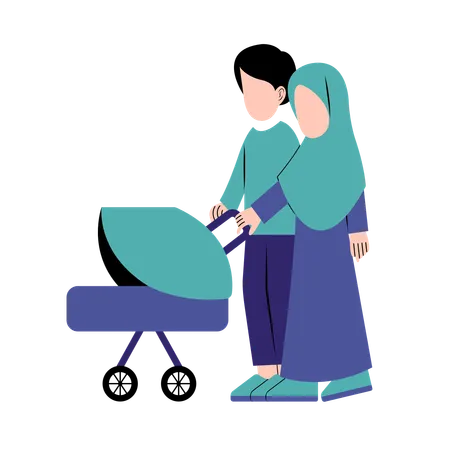 Islamic Parents With Baby Stroller  Illustration