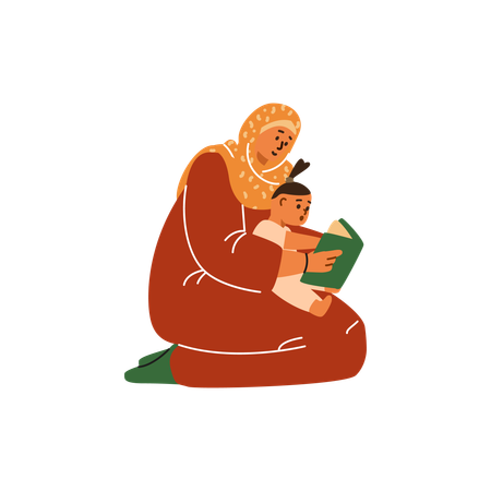 Islamic woman in hijab reading a book while holding a baby  Illustration