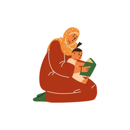 Islamic woman in hijab reading a book while holding a baby  Illustration