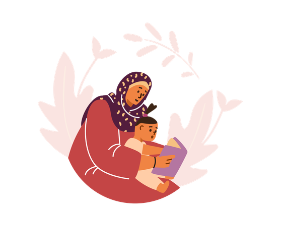 Islamic woman in hijab reading book while holding baby  Illustration