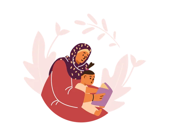 Islamic woman in hijab reading book while holding baby  Illustration