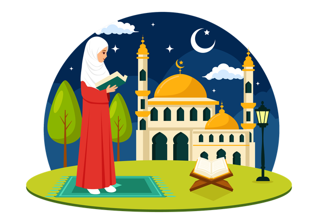 Islamic woman reading quran  イラスト