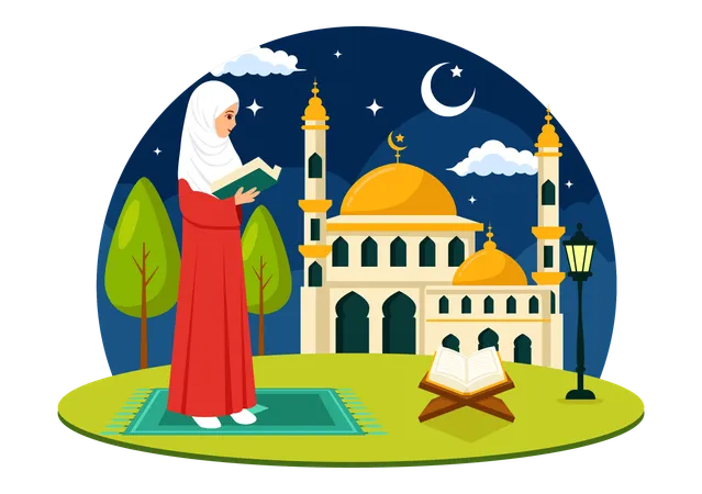 Islamic woman reading quran  イラスト