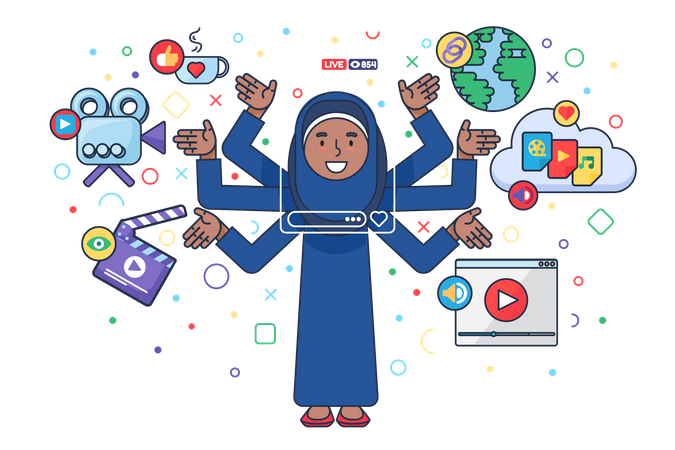 Islamic woman streaming on social media Illustration
