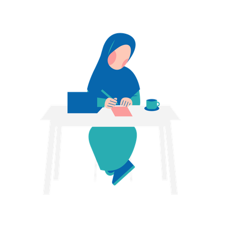 Islamic Woman Working On Desk  Illustration
