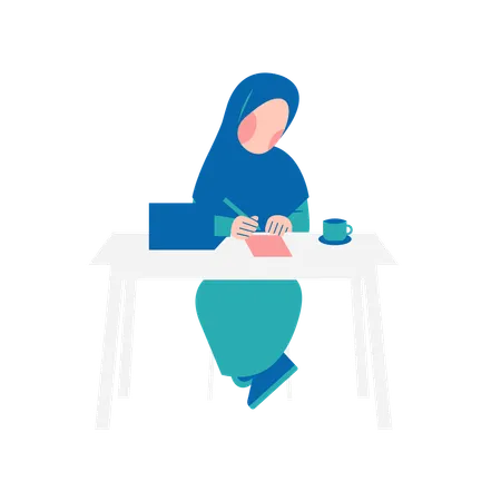 Islamic Woman Working On Desk  Illustration