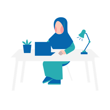 Islamic Woman Working On Desk  Illustration