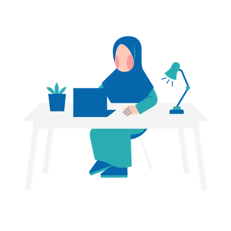 Islamic Woman Working On Desk  Illustration