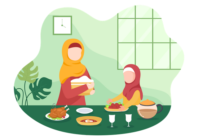 Mãe islâmica e menina comendo  Ilustração