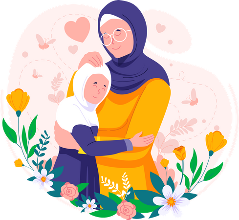 Mãe muçulmana islâmica Hijab abraçando sua filha  Ilustração