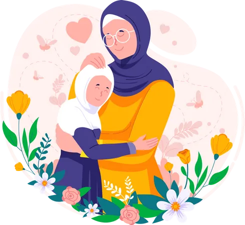 Mãe muçulmana islâmica Hijab abraçando sua filha  Ilustração