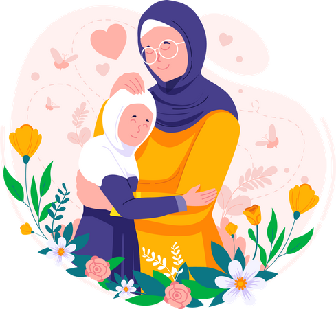 Mère musulmane hijab islamique serrant sa fille dans ses bras  Illustration