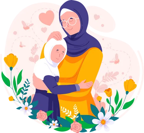 Mère musulmane hijab islamique serrant sa fille dans ses bras  Illustration
