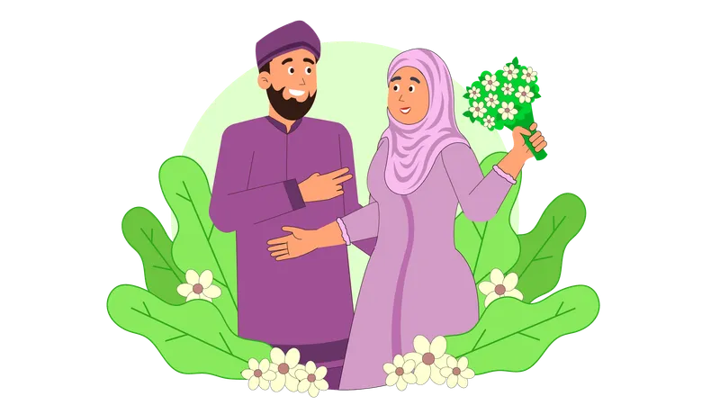 Islamische Braut hält Blumenstrauß im Stehen mit Bräutigam  Illustration