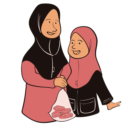 Islamische Mutter und Tochter tragen eine Tüte Fleisch  Illustration