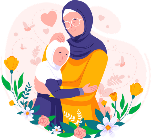 Islamische Hijab muslimische Mutter umarmt ihre Tochter  Illustration
