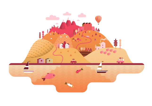 Island with hills, roads, cars, castle, houses and trees Illustration