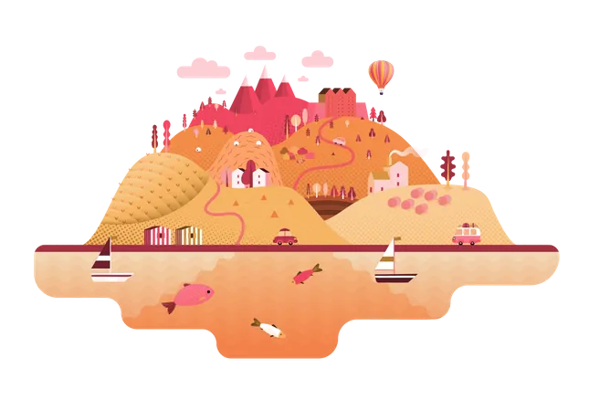 Island with hills, roads, cars, castle, houses and trees Illustration