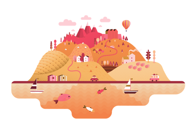 Island with hills, roads, cars, castle, houses and trees  Illustration