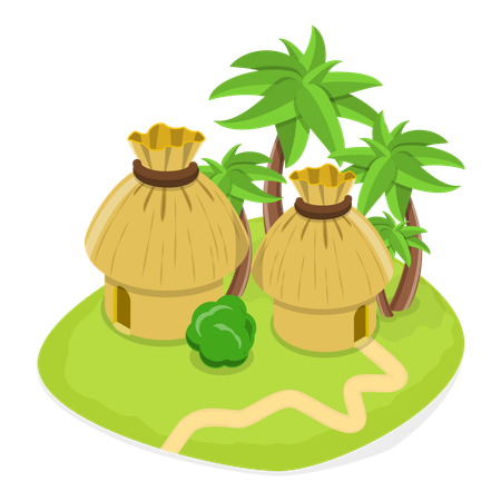Island with huts and trees  Illustration