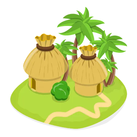Island with huts and trees  Illustration