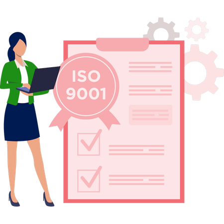 ISO 9001 인증을 위해 노트북을 사용하는 여성  일러스트레이션