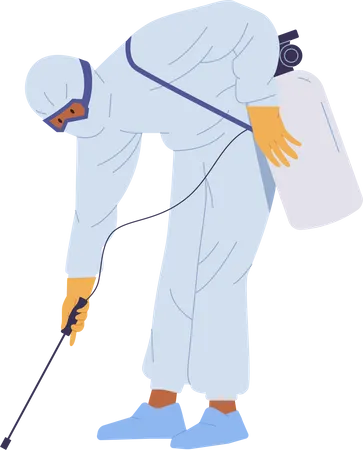 Isolated Man Sterilizing Service Worker Cartoon Character In White Suit Using Spray Gun Equipment Vector Illustration Prevention Against Dangerous Parasite Pests Termites Insects Rat Coronavirus イラスト