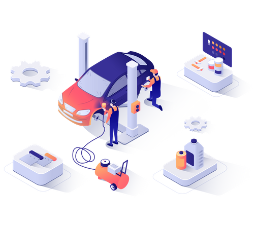 Isometric Banner of Car Repair Center  Illustration