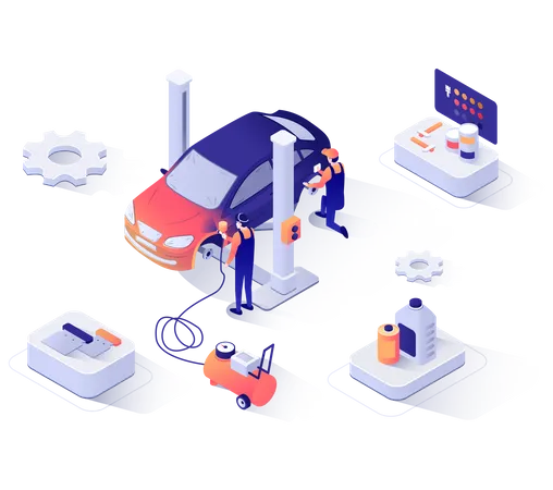 Isometric Banner of Car Repair Center  Illustration