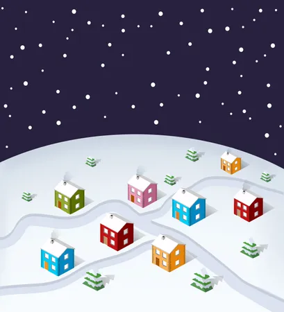 Isometric City Christmas Snowy Christmas Street Trees And Houses Happy New Year Illustration
