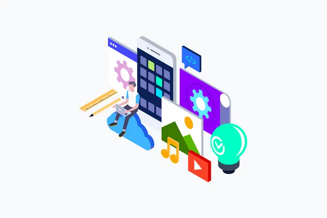 Isometric concept of App Development and website development.  Illustration