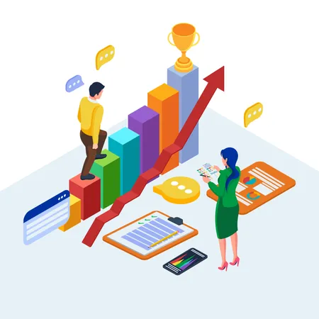 Isometric Digital Marketing Strategy Illustration Concept Teamwork Communication With Chart And Data Vector Illustration