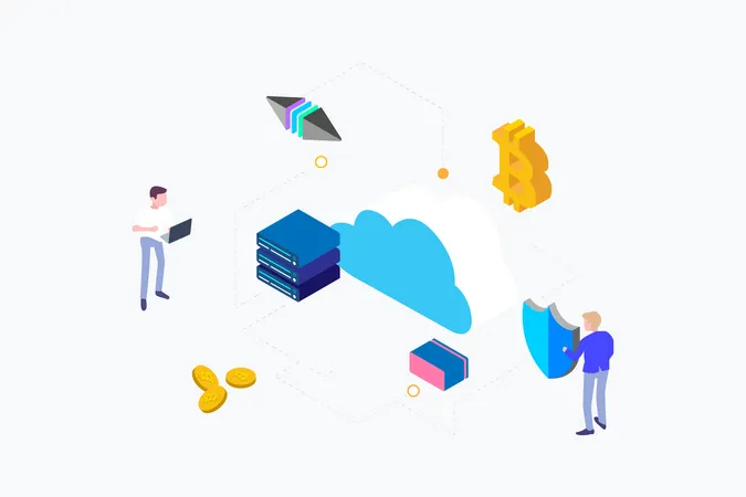 Isometric Graphic Cloud Mining Cryptocurrency Illustration