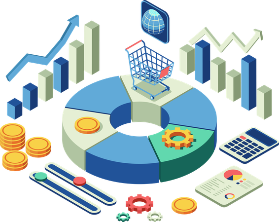 Isometric Market Share Expansion and Financial Analysis  Illustration
