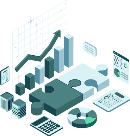 Isometric Mergers and Acquisitions with Connected Jigsaw and Financial Charts  Illustration