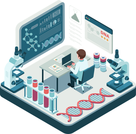 Isometric Scientist in Biotechnology Lab with DNA Research and Analysis  Illustration
