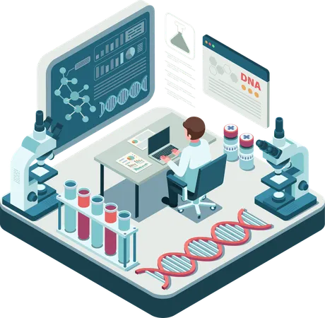 Isometric Scientist in Biotechnology Lab with DNA Research and Analysis  Illustration