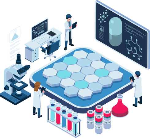 Isometric Scientists in Drug Discovery Lab with Advanced Equipment  Illustration