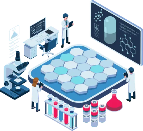 Isometric Scientists in Drug Discovery Lab with Advanced Equipment  Illustration