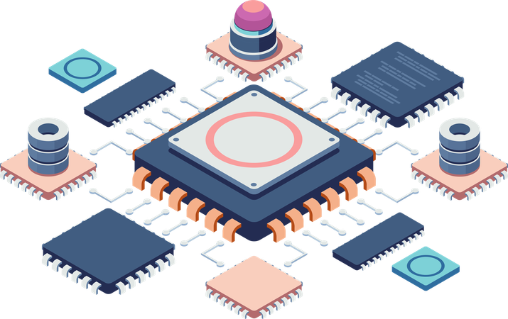 Isometric Semiconductor Chip with Connected Components  Illustration