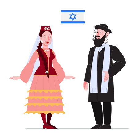 Ilustracao Vetorial De Cidadao Israelense Em Traje Nacional Com Uma Bandeira Homem Judeu E Mulher Em Roupas Tradicionais Hassid E Mulher Usando Vestido Etnico Ilustracao Plana Vetorial Ilustração