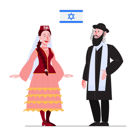 Israel citizen in national costume with a flag Illustration