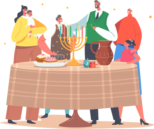 Familia Feliz De Israel Comemora O Feriado De Hanukkah Festival Judaico Das Luzes Pais E Filhos Acendendo Velas Na Menora Ficam Na Mesa Com Doces Tradicionais Ilustra O Vetorial De Pessoas Dos Desenhos Animados Ilustração