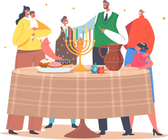 Israel Family Celebrate Hanukkah Holiday Illustration