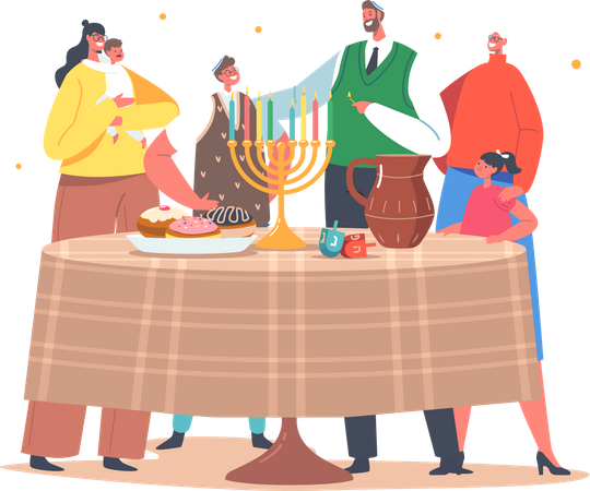 Israel Family Celebrate Hanukkah Holiday  Illustration