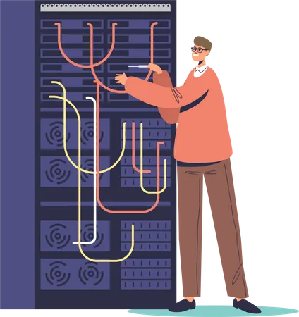 IT Administrator Working In Server Room Service Maintenance System Administration Network Upkeeping Computer Systems Configuration Concept Cartoon Flat Vector Illustration Illustration